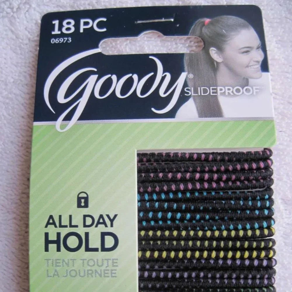 18 Goody Skinny Black w Color Ouchless Slideproof Stay Put Ponytailer Hair Bands